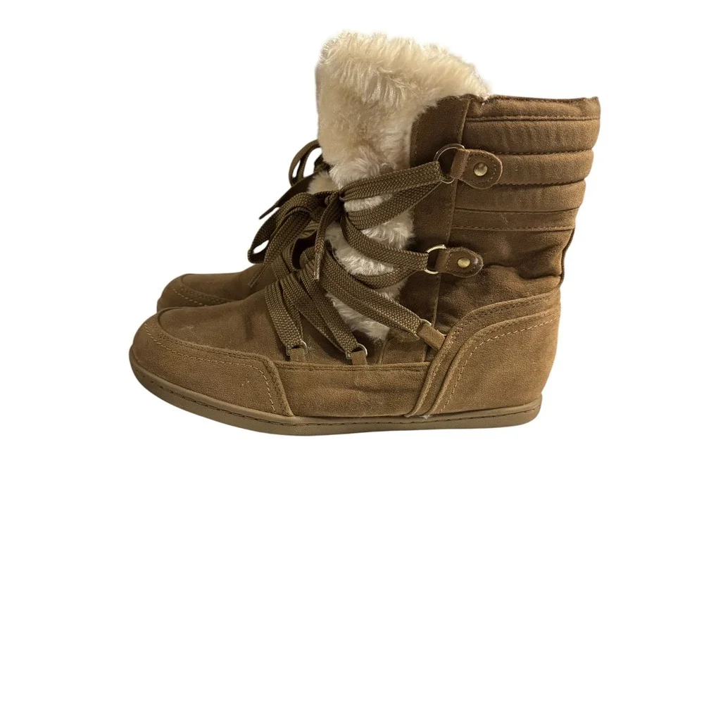 G by GUESS Womens Tan Faux Suede Fur Trim Lace Up Winter Boots Size 8.5M
